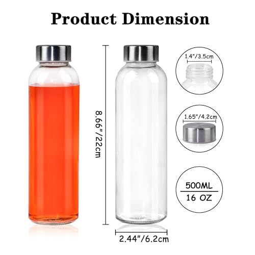 GUANENA 12 Pack Glass Water Bottles, 16oz Clear Glass Bottles with Stainless Steel Lids, Reusable Glass Drink Bottles with Caps for Juicing, Smoothies, Tea, Water, Beverages - Image 2