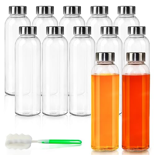 GUANENA 12 Pack Glass Water Bottles, 16oz Clear Glass Bottles with Stainless Steel Lids, Reusable Glass Drink Bottles with Caps for Juicing, Smoothies, Tea, Water, Beverages - Image 1