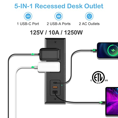 CCCEI Recessed Power Strip with 20W USB C Port, Fast Charging USB A Port Desk Outlet, Furniture Hidden Charging Station for Side Table, End Table, with 6FT 45 Degree Flat Plug Extension Cord, Black - Image 4