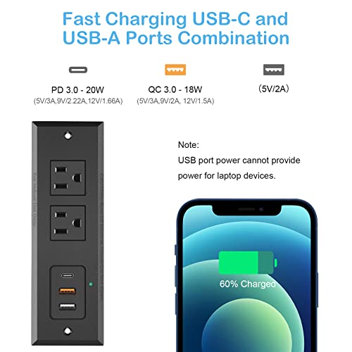 CCCEI Recessed Power Strip with 20W USB C Port, Fast Charging USB A Port Desk Outlet, Furniture Hidden Charging Station for Side Table, End Table, with 6FT 45 Degree Flat Plug Extension Cord, Black - Image 2