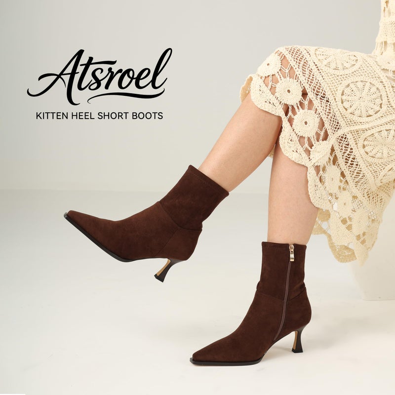 Atsroel Kitten Heel Ankle Boots For Women Pointed Toe Fall Booties Side Zip Dressy Short Booties Low Heel Chocolate Brown Boots Size 7 - Image 5