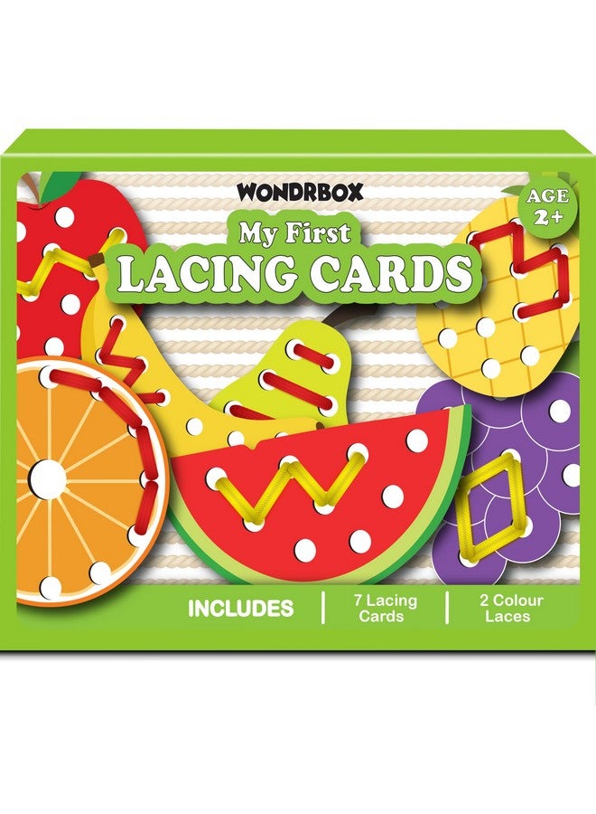 WONDRBOX Lacing Activity for Kids | Includes 7 Big Cardboard Cutouts and 2 Laces | Montessori Educational Toys Gifts for Kids Age 2 3 4 -Multi Color (Fruit Lacing) - Image 1