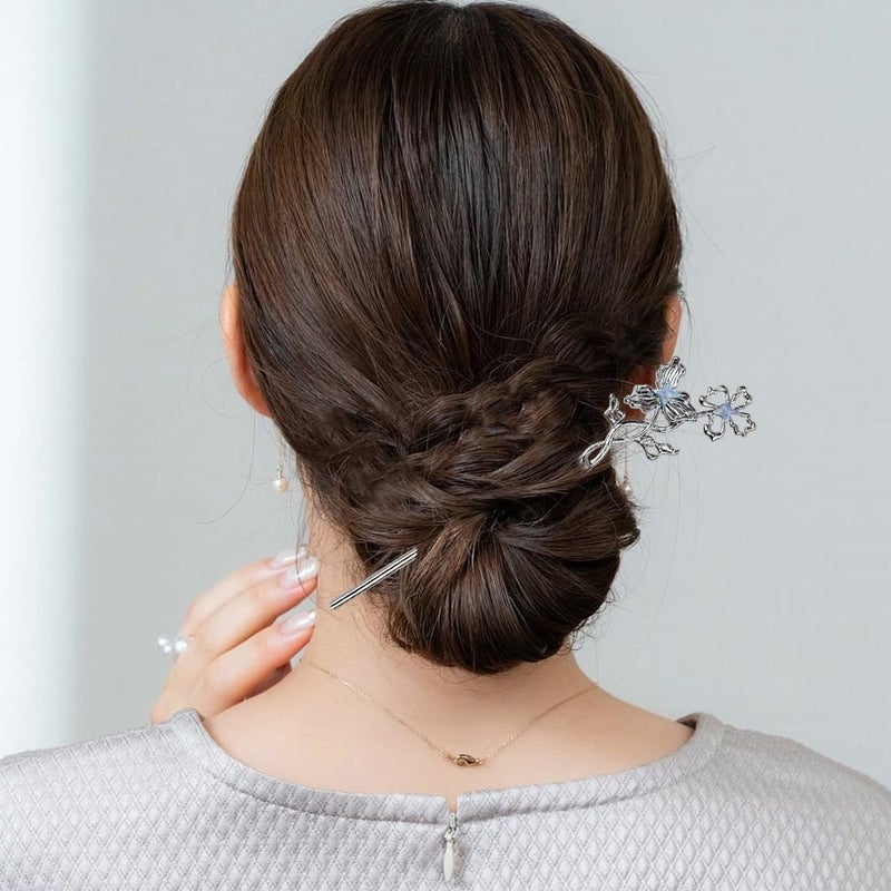Arvintas 5PCS Butterfly Flower Hair Sticks for Buns Long Hair Chinese Hanfu Asian Vintage Hair Chopsticks Metal Silver Hair Bun Updo Holders Long Hairpins for Women Girls - Image 3