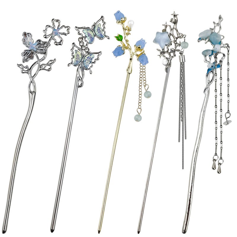 Arvintas 5PCS Butterfly Flower Hair Sticks for Buns Long Hair Chinese Hanfu Asian Vintage Hair Chopsticks Metal Silver Hair Bun Updo Holders Long Hairpins for Women Girls - Image 1