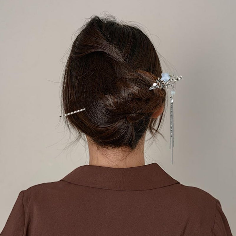 Arvintas 5PCS Butterfly Flower Hair Sticks for Buns Long Hair Chinese Hanfu Asian Vintage Hair Chopsticks Metal Silver Hair Bun Updo Holders Long Hairpins for Women Girls - Image 5