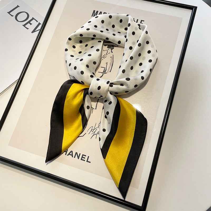 Oil painting small square scarf silk scarf for women Spring Autumn Winter mom matching shirt neck protection scarf scarf scarf 70x70 Small polka dot border 70 square scarf-yellow