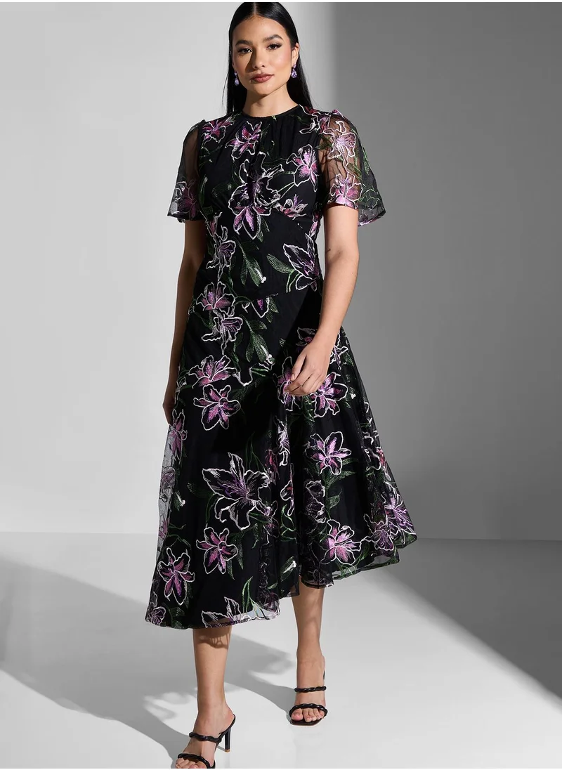 Coast Mesh Floral Print Asymmetrical Dress