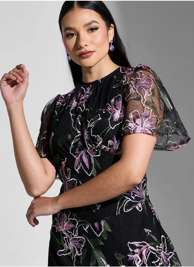 Coast Mesh Floral Print Asymmetrical Dress