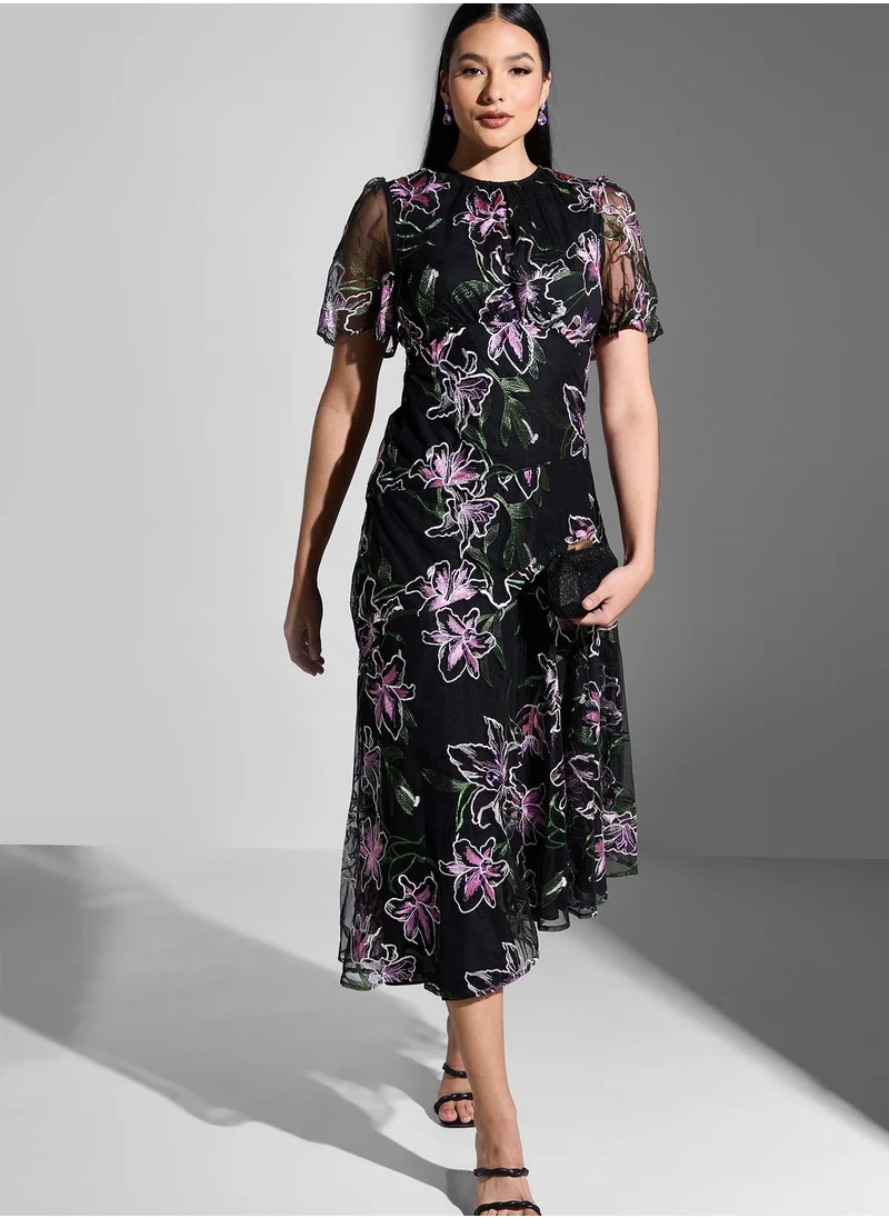 Coast Mesh Floral Print Asymmetrical Dress