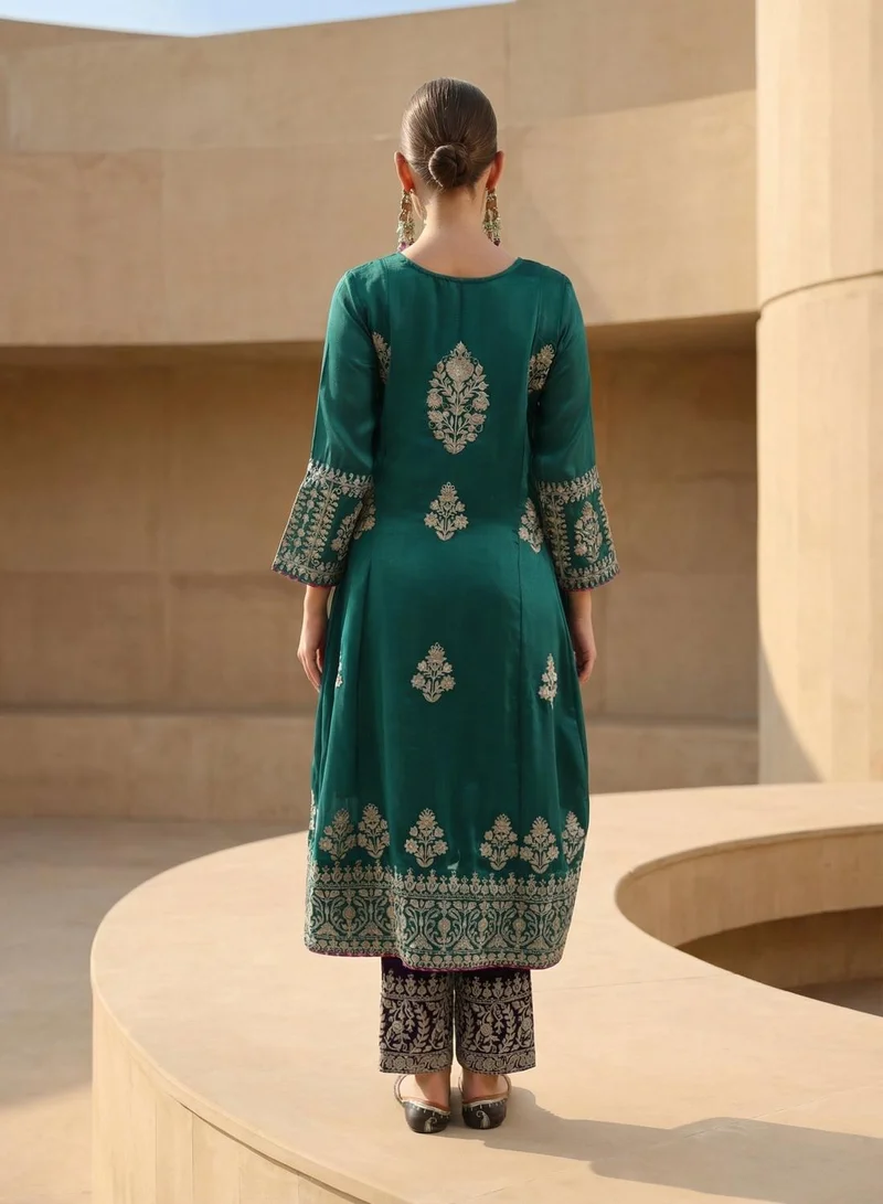 ISHIN Rich Green Vichitra Embroidered A Line Kurta sets with dupatta