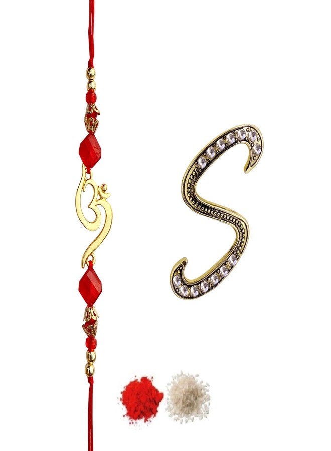 FURE Om Beads Rakhi (Golden) & S Initial Brooch for Brother - Image 1