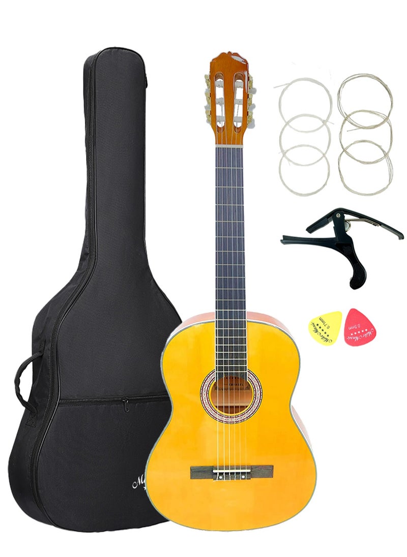 Mike Music - 39 inch Classical Guitar 4/4 Spanish Style Full Size Nylon-String Guitar Kit with Guitar Sponge Bag, Extra Classical Strings, Capo, 2 Picks-Glossy Yellow - Image 1