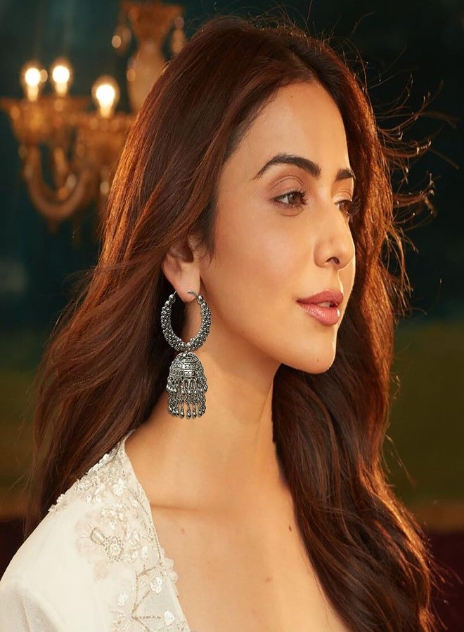 Accessher Silver Plated Stone Studded Boho Style Semi Circle Oxidized Dangle Earrings with Pearl Drops for Women and Girls Pack of 1 - Image 2
