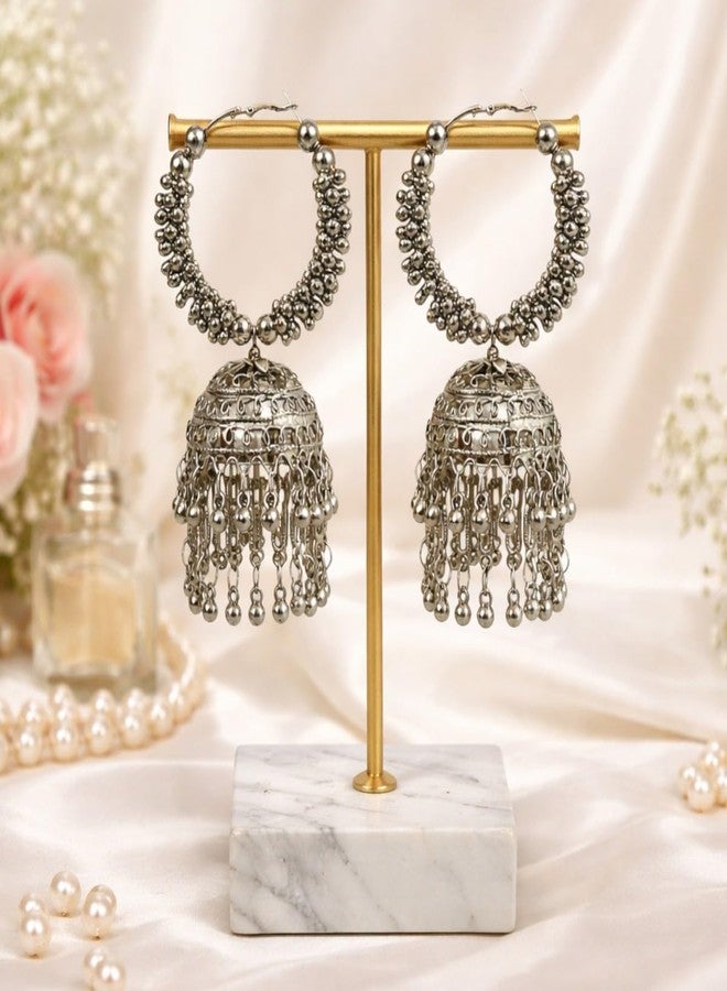 Accessher Silver Plated Stone Studded Boho Style Semi Circle Oxidized Dangle Earrings with Pearl Drops for Women and Girls Pack of 1 - Image 3