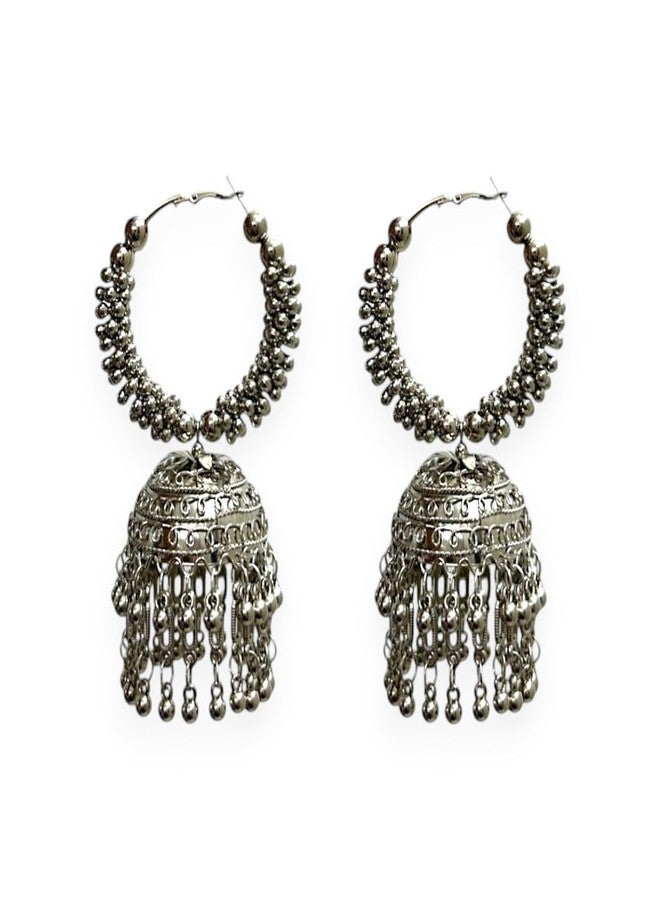 Accessher Silver Plated Stone Studded Boho Style Semi Circle Oxidized Dangle Earrings with Pearl Drops for Women and Girls Pack of 1 - Image 1