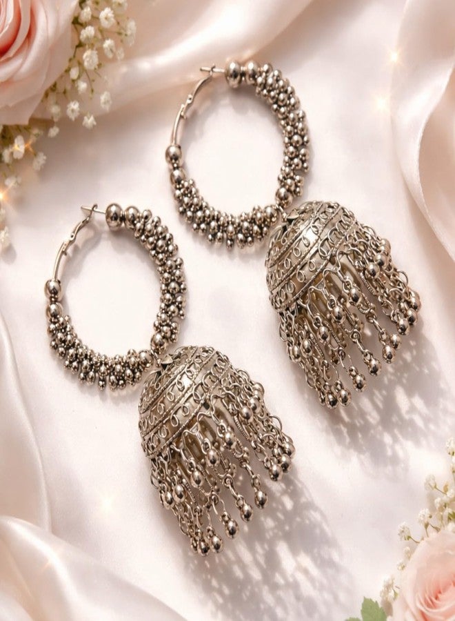 Accessher Silver Plated Stone Studded Boho Style Semi Circle Oxidized Dangle Earrings with Pearl Drops for Women and Girls Pack of 1 - Image 5