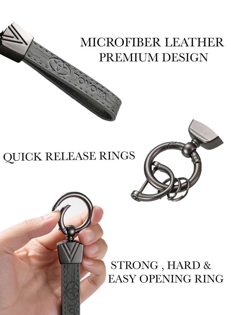 كيامور سلسلة مفاتيح أنيقة مصنوعة من المعدن والجلد للبالغين. سلسلة مفاتيح بشعار سيارة TOYOTA، سلسلة مفاتيح عصرية مع 3 حلقات مفاتيح، مثالية كهدية راقية أو كإكسسوار للسيارة. تتميز بلون رمادي أنيق وراقي، وتأتي مغلفة في علبة هدايا فاخرة. - Image 5