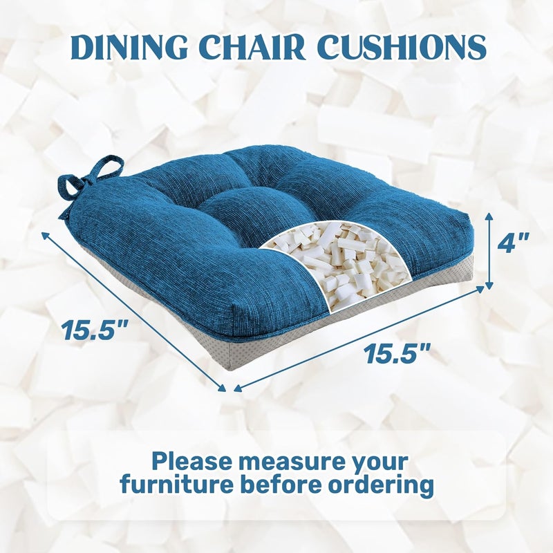 puredown ® Chair Cushions for Dining Chairs, Tufted Memory Foam Chair Pads with Non-Slip Backing, Kitchen Seat Cushions with Ties, Washable Seat Pads Set of 4, 15.5" x 15.5" x 4", Navy - Image 2