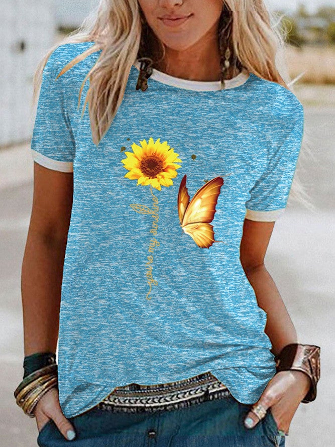 wish Butterfly Sunflower Pattern Printed Short-sleeved T-shirt for Women - Image 4