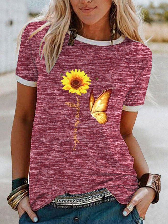 wish Butterfly Sunflower Pattern Printed Short-sleeved T-shirt for Women - Image 1
