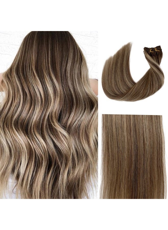 Licoville - Clip In Hair Extensions Balayage Brown To Beige Blonde Highlights Human Hair Extensions 18 Inch 70Grams 7Pcs Straight Blonde Balayage Remy Hair Clip Ins For Women - Image 1