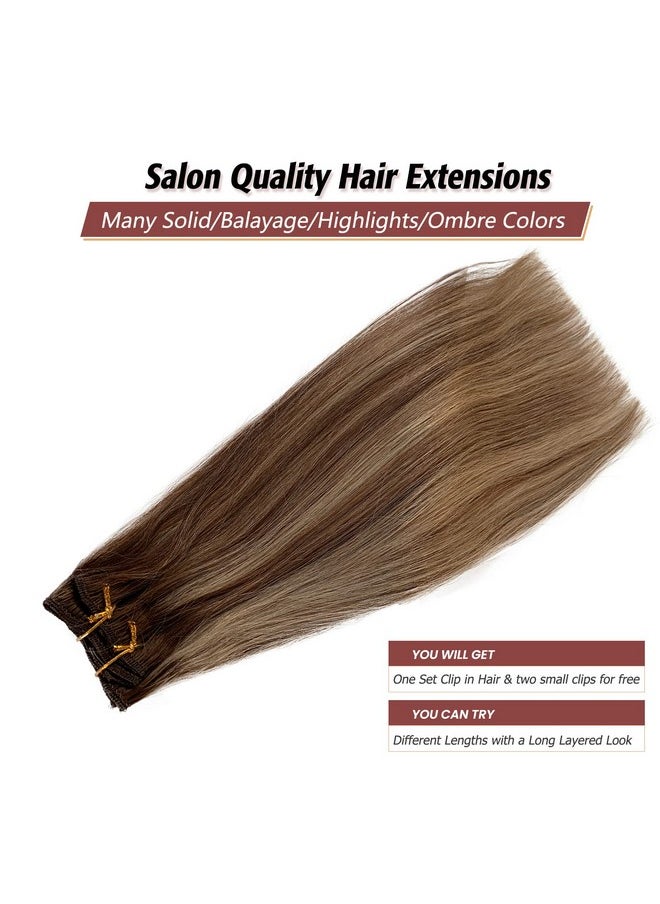 Licoville - Clip In Hair Extensions Balayage Brown To Beige Blonde Highlights Human Hair Extensions 18 Inch 70Grams 7Pcs Straight Blonde Balayage Remy Hair Clip Ins For Women - Image 1