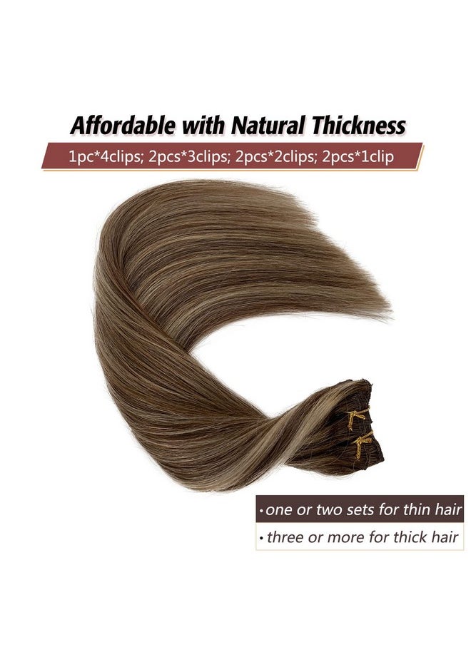 Licoville - Clip In Hair Extensions Balayage Brown To Beige Blonde Highlights Human Hair Extensions 18 Inch 70Grams 7Pcs Straight Blonde Balayage Remy Hair Clip Ins For Women - Image 1
