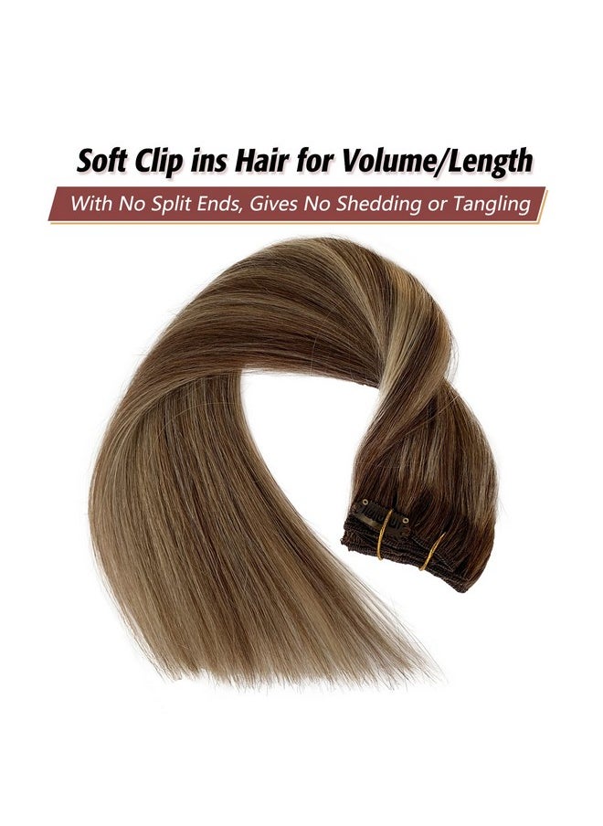 Licoville - Clip In Hair Extensions Balayage Brown To Beige Blonde Highlights Human Hair Extensions 18 Inch 70Grams 7Pcs Straight Blonde Balayage Remy Hair Clip Ins For Women - Image 1
