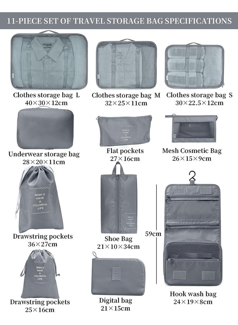 11pcs Travel Bag Organizer for Luggage Packing Cubes Storage Set, Waterproof Lightweight Travel Clothes Shoes Cosmetics Luggage Organizer Traveling Accessories (Grey) - Image 2