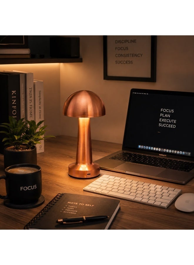 Mushroom-shaped table lamp, portable rechargeable LED night light with touch dimming, bedside lamp for kids, bedroom, living room, office, and bar decor, copper color - Image 1