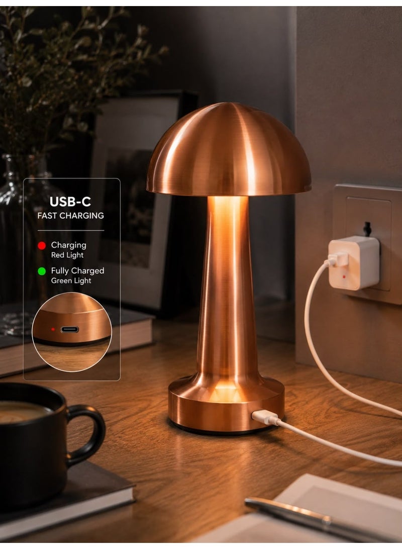 Mushroom-shaped table lamp, portable rechargeable LED night light with touch dimming, bedside lamp for kids, bedroom, living room, office, and bar decor, copper color - Image 2