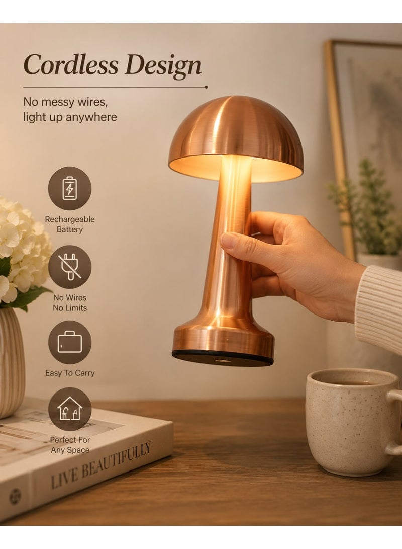 Mushroom-shaped table lamp, portable rechargeable LED night light with touch dimming, bedside lamp for kids, bedroom, living room, office, and bar decor, copper color - Image 4