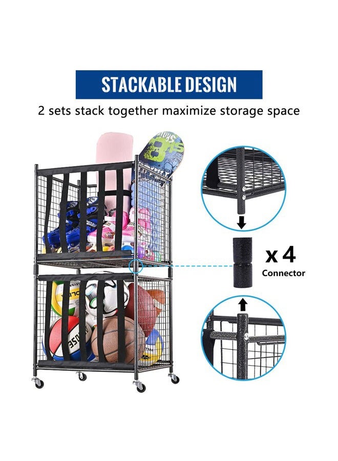 Mythinglogic Rolling Sports Ball Storage Cart, Sports Lockable Ball Storage Locker with Elastic Straps, Stackable Ball Cage for Garage Storage Garage Organizer, 6 Ball Capacity Full Size, Black,Steel - Image 3