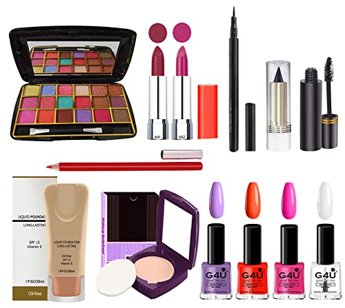 G4U G4u All In One Makeup Kit Gift Set Eyeshadow Pen Eyeliner 2lipsticks Kajal Lip Liner 5 Pcs Brush Set 4 Color Nail Polish Mascara Cc Cream Perfect For Party Wedding Makeup Kit A5 - Image 1