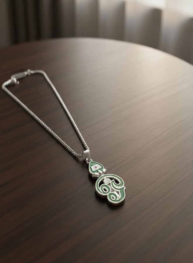 M Men Style Tamil Om Gada Pendant Necklace for Men & Women | Hindu Religious Jewelry with Green Enamel | 45mm Height | Spiritual Temple Gift Green SPn2026116 - Image 3