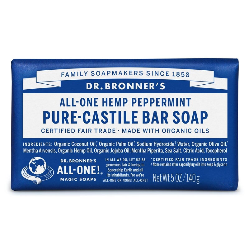 Dr. Bronner's - Pure-Castile Bar Soap (Peppermint, 5 ounce) - Made with Organic Oils, For Face, Body and Hair, Gentle and Moisturizing, Biodegradable, Vegan, Cruelty-free, Non-GMO