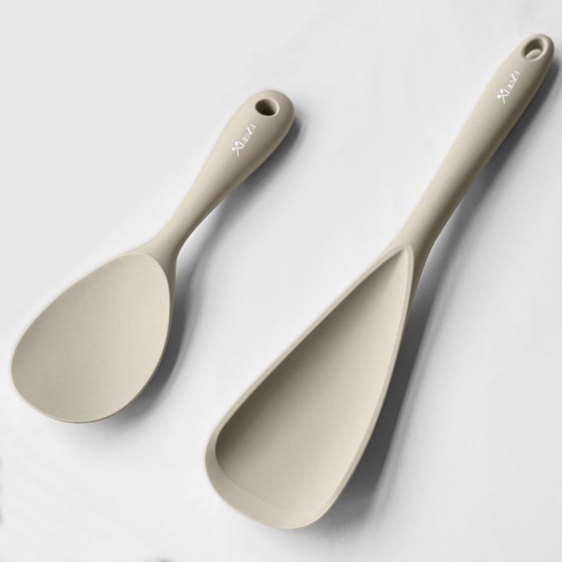 XiaoZu Cooking Spoon and Rice Scooper Set for Nonstick Cookwares, Heat Resistant- Seamless Design, Great for Cooking, Serving, Mixing, Scoop, and Scrape,2 Pack, Khaki - Image 1