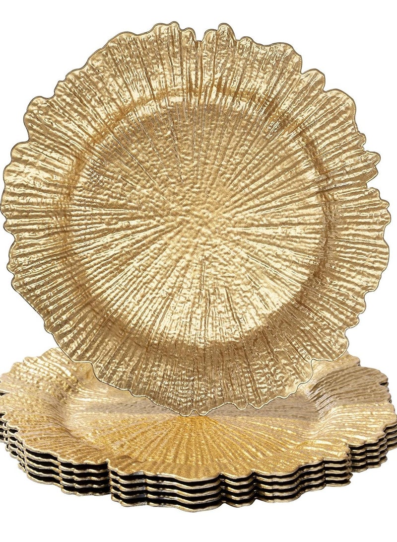 Set of 6 Gold Charger Plates – 13" Round Plastic Reef Plate Chargers for Dinner Plates, Wedding, and Elegant Décor Place Settings - Image 1