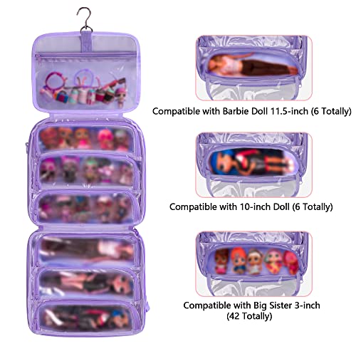 LoDrid Doll Carrying Case Compatible with LOL Surprise OMG, Display Organizer Compatible with Big Sister 3-inch Dolls with a Hanging Hook and 7 Clear Zipper Pockets, Bag Only, Purple(Patent Design) - Image 3