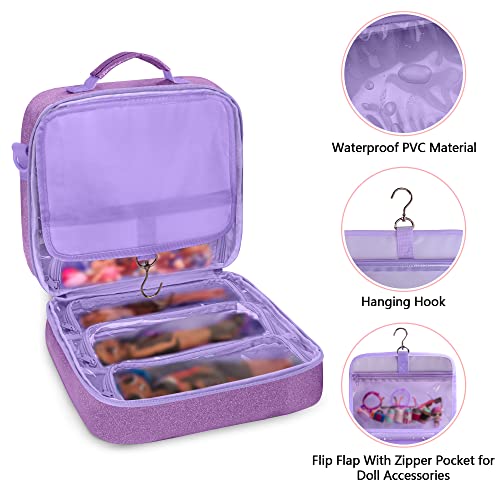 LoDrid Doll Carrying Case Compatible with LOL Surprise OMG, Display Organizer Compatible with Big Sister 3-inch Dolls with a Hanging Hook and 7 Clear Zipper Pockets, Bag Only, Purple(Patent Design) - Image 2