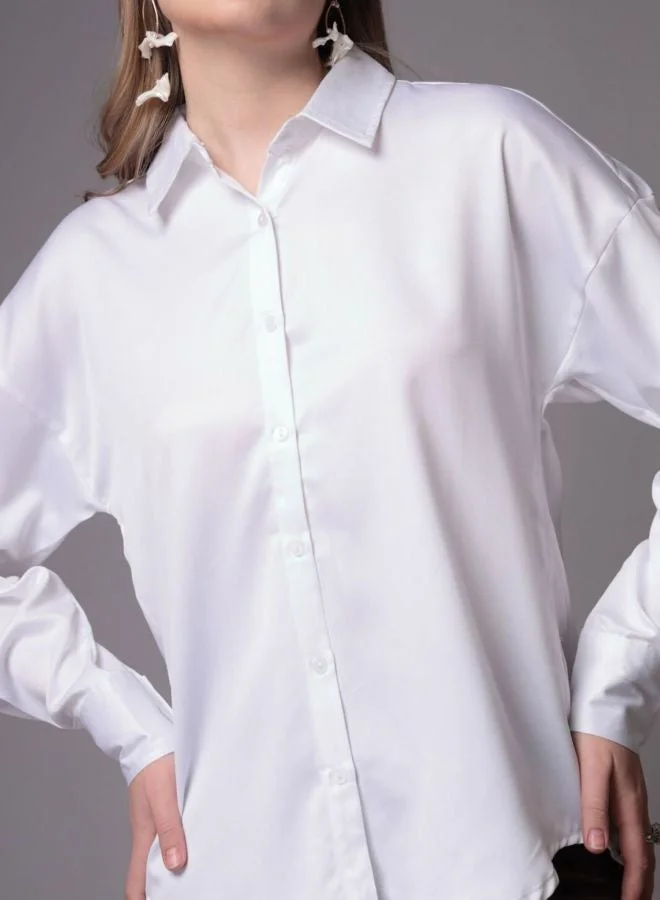 مرفوعة Women Relaxed Fit Solid Shirt Collar Long Sleeve Oversized Shirt