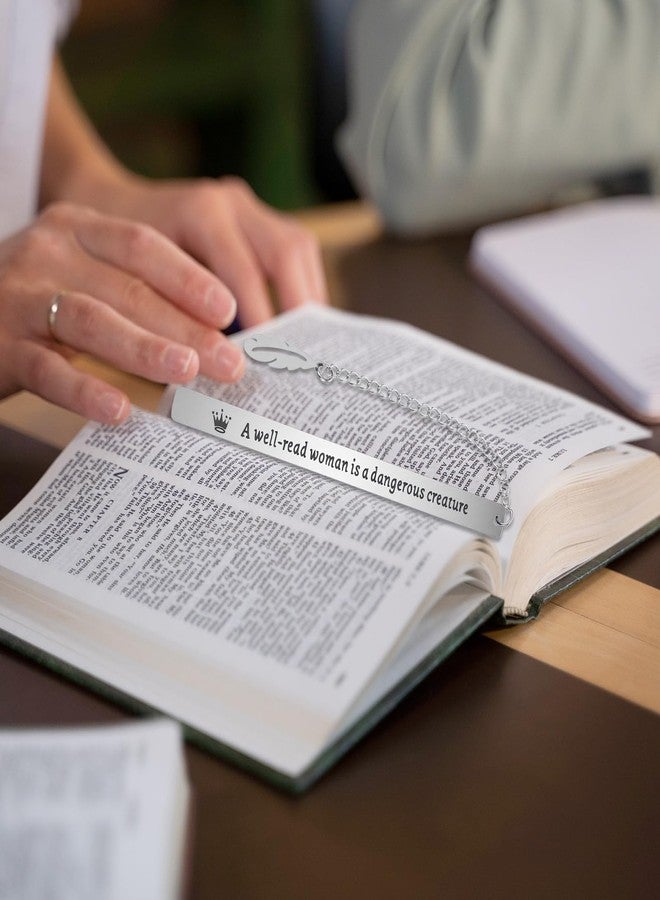 فاصل كتب مرح للنساء، فاصل كتب فضي من الفولاذ المقاوم للصدأ مع علبة هدايا سوداء، هدية رائعة لمحبي الكتب والكاتبات والمعلمات والطالبات (المرأة المثقفة مخلوق خطير) - Image 4