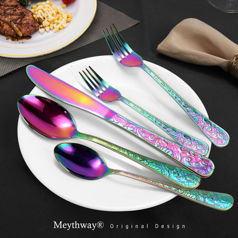 Meythway 40-Piece Vintage Carved Rainbow Silverware Set for 8, Stainless Steel Flatware Set with Knife/Fork/Spoon, Cutlery Set for Home and Kitchen, Utensil Set with Dishwasher Safe - Image 2