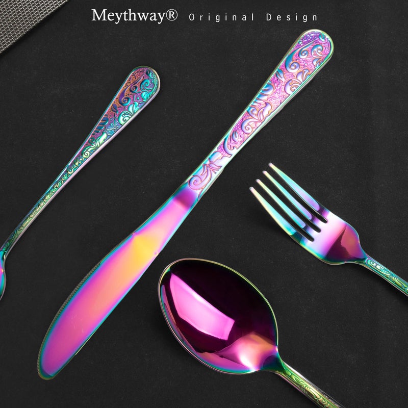 Meythway 40-Piece Vintage Carved Rainbow Silverware Set for 8, Stainless Steel Flatware Set with Knife/Fork/Spoon, Cutlery Set for Home and Kitchen, Utensil Set with Dishwasher Safe - Image 5