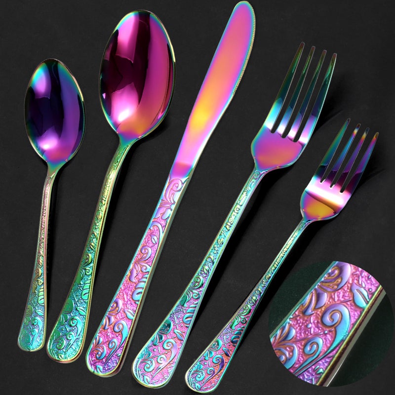 Meythway 40-Piece Vintage Carved Rainbow Silverware Set for 8, Stainless Steel Flatware Set with Knife/Fork/Spoon, Cutlery Set for Home and Kitchen, Utensil Set with Dishwasher Safe - Image 1