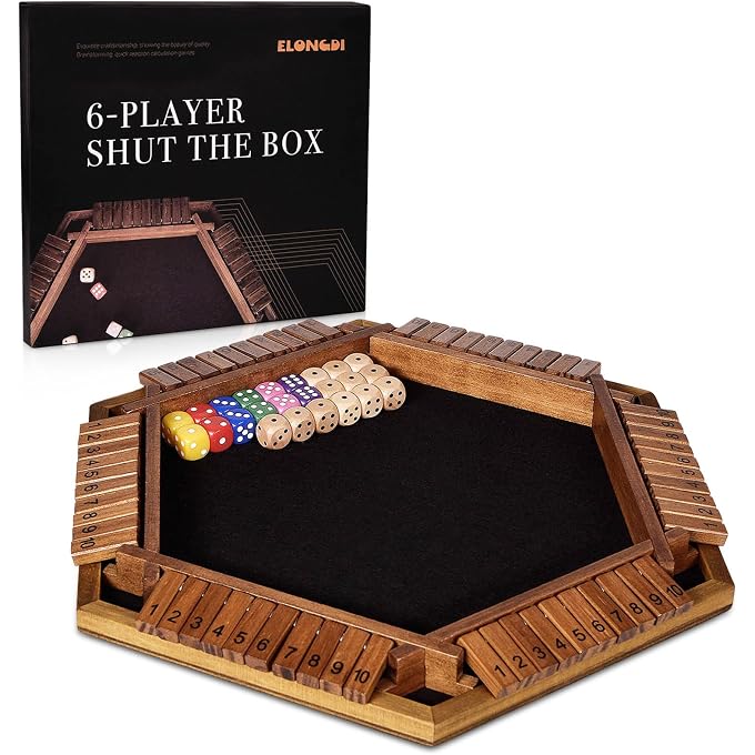 Elongdi Upgraded 1-6 Player Shut The Box Dice Game with 12 Dice+Bonus Wooden 12 Dice, Classic Wooden Board Table Math Game for Adults,Kids/Tabletop Board Games for Classroom,Home,Party or Pub - Image 1