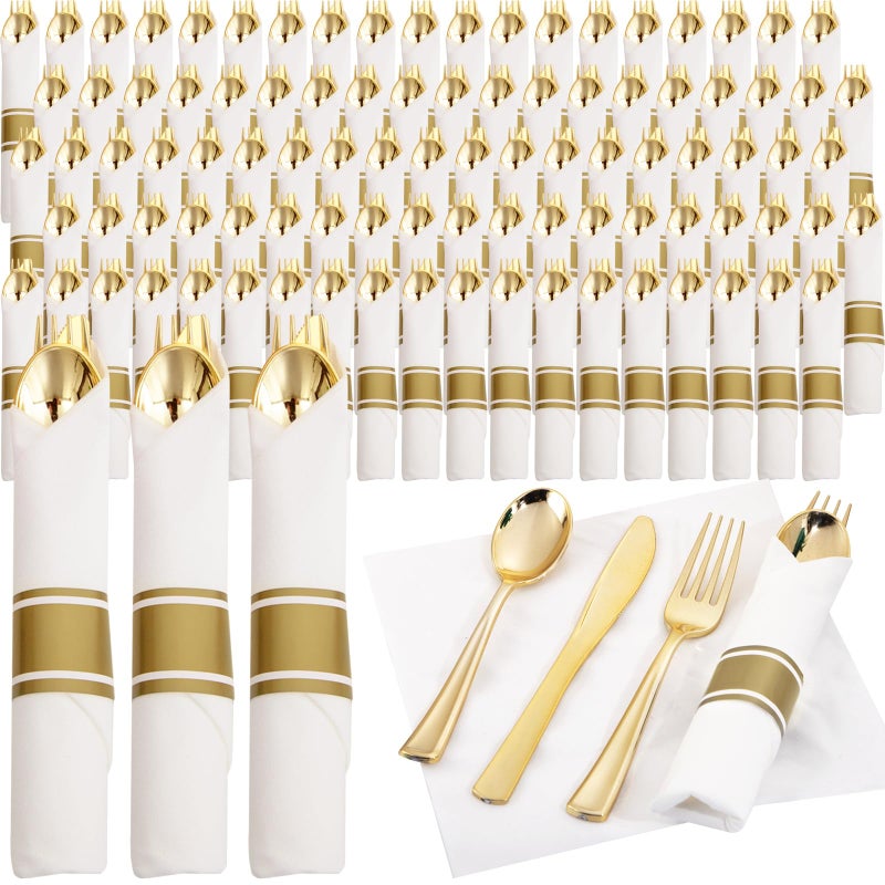 Supernal 120 Pack Gold Plastic Cutlery Set with Napkin Wrapped Disposable Silverware Pre Rolled Napkins