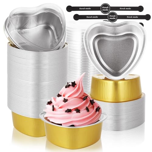 DNY Heart Shaped Cake Pans with Lids & Stickers – 50 Pack Gold Aluminum Foil Disposable Mini Cake Molds for Valentine’s Day, Mother’s Day, Wedding, Birthday, Baking & Gifts - Image 1