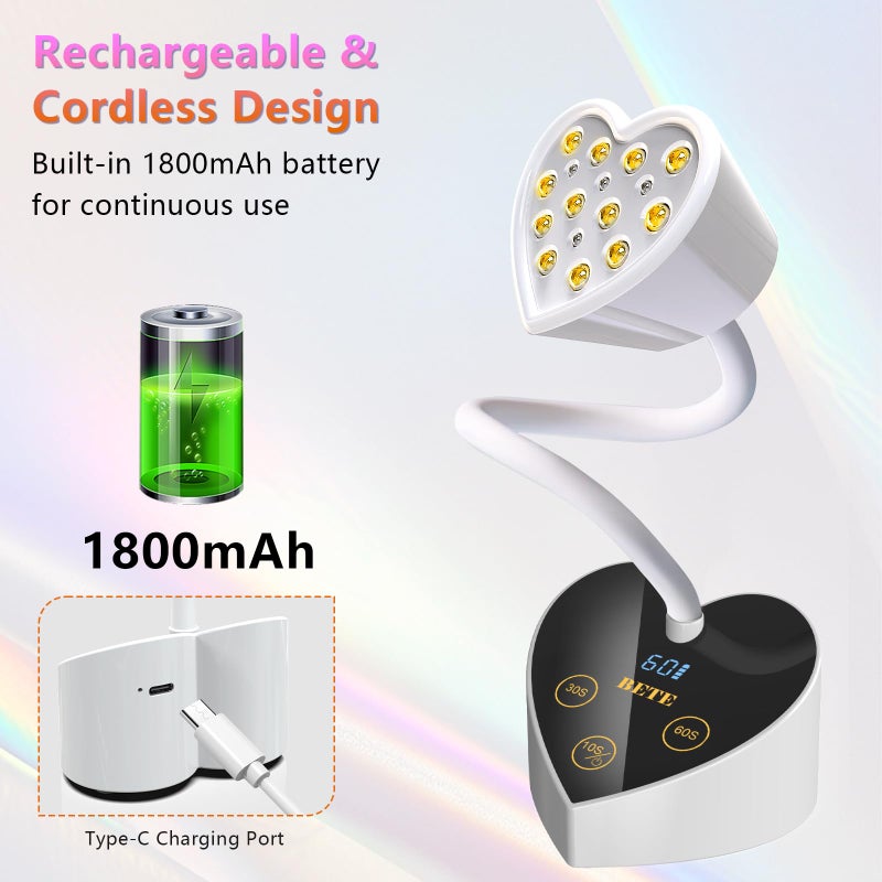 BETE مصباح أظافر UV ميني من BETE، مصباح جل للأظافر بتقنية الفلاش، مصباح UV LED بزاوية 360° قابل للطي مع مستشعر ذكي، مجفف أظافر محمول بدون سلك بقوة 30 واط قابل لإعادة الشحن مع 3 مؤقتات للاستخدام في الصالونات أو المنزل DIY - Image 4