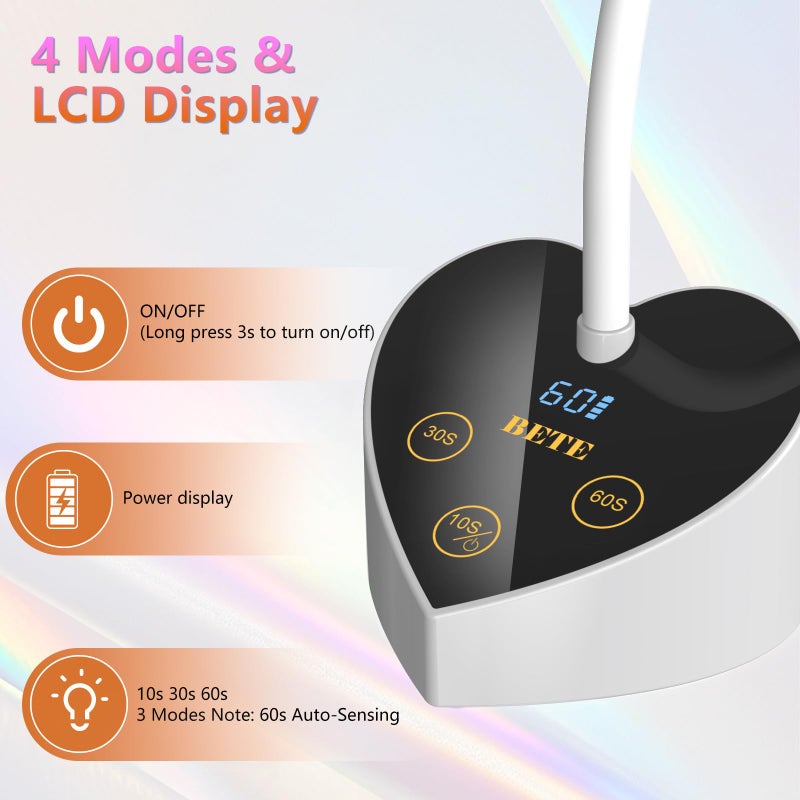 BETE مصباح أظافر UV ميني من BETE، مصباح جل للأظافر بتقنية الفلاش، مصباح UV LED بزاوية 360° قابل للطي مع مستشعر ذكي، مجفف أظافر محمول بدون سلك بقوة 30 واط قابل لإعادة الشحن مع 3 مؤقتات للاستخدام في الصالونات أو المنزل DIY - Image 3